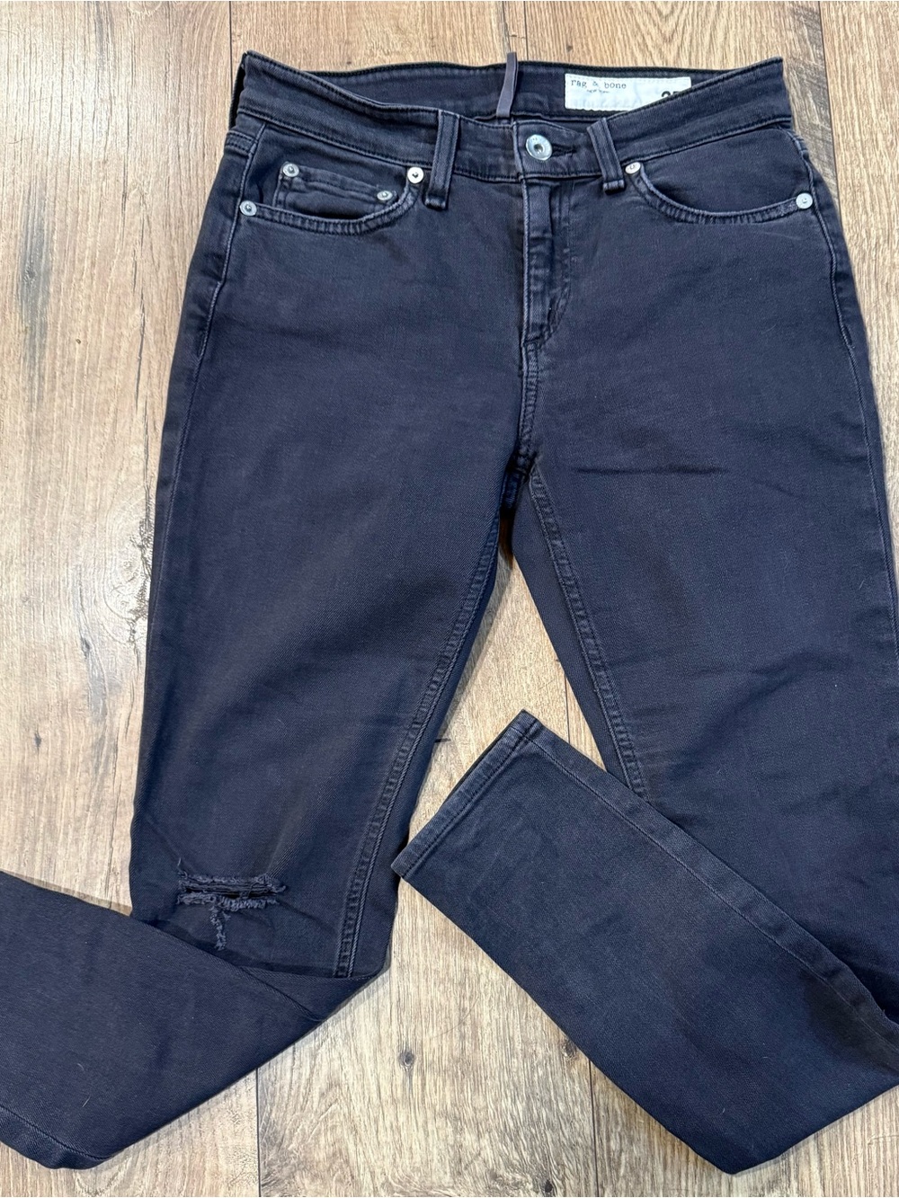 rag & bone Faded Black/Grey "Whthe" Shinny Jeans With Distress Holes size 25